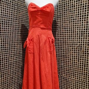 Vintage Red Strapless Midi Dress Circa 1970's